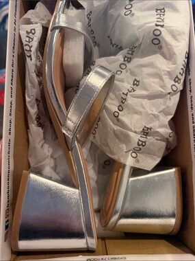 BAMBOO Silver Two-Strap Block Heel Sandals